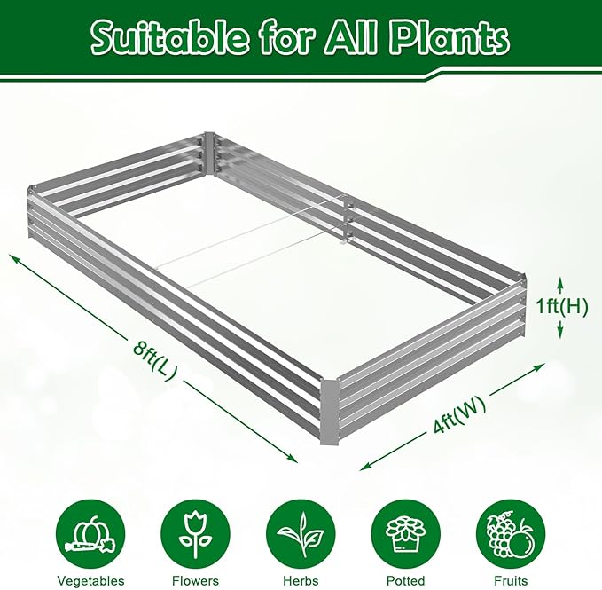 2PCS 8x4x1FT Galvanized Raised Garden Bed Outdoor Patio, Large Rectangular Metal Planter Boxes,Plant Container Kit for Gardening, Vegetables, Flowers, Herbs,Silver