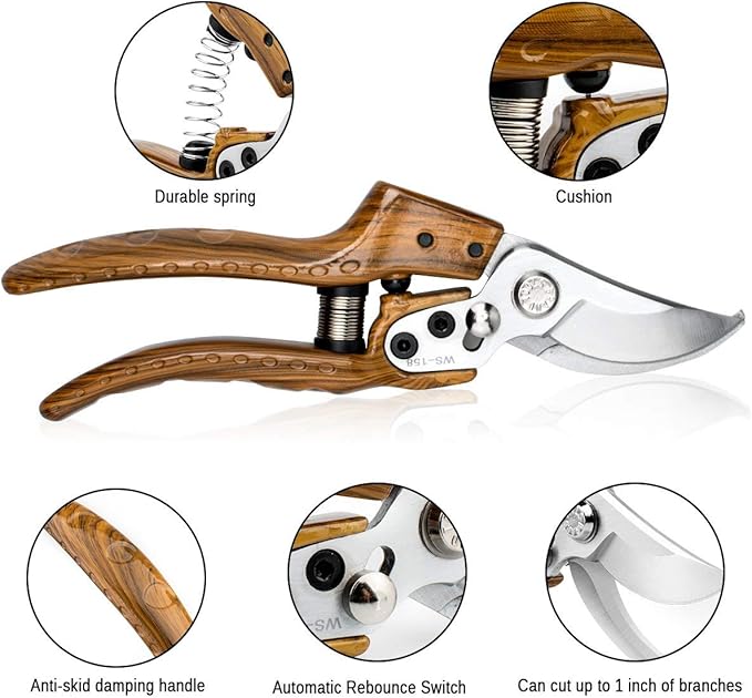 WProfessional Sharp Pruners, Garden Pruners, Tree Trimmers Secateurs, Bypass Pruning Shears, Secateurs, Hand Pruner, Garden Shears, Gardening Shears Clippers for Plants, Gardening Cutter (Wood Grain)