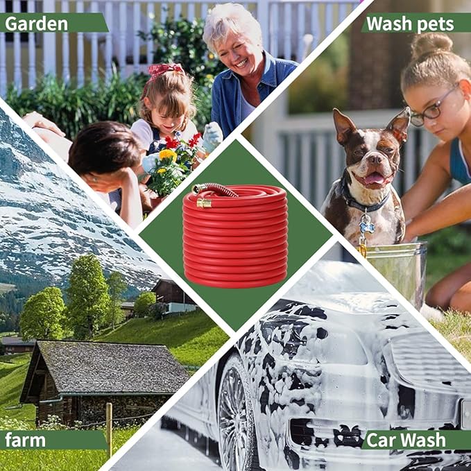 150FT 5/8 Heavy Duty Rubber Garden Hose - 300psi Working, 1000psi Burst - Hot/Cold Water - Five-Layered Braiding for Durability - Versatile for Gardening, Agriculture, Construction(Red)