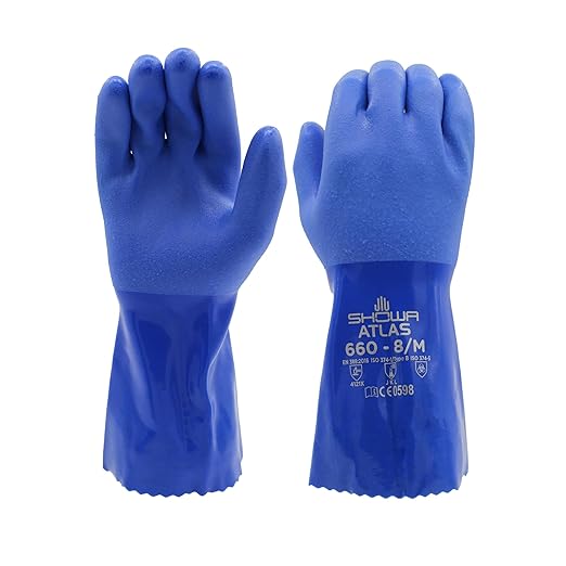 SHOWA Atlas 660 Triple-Dipped PVC Chemical Resistant Gloves, Heavy-Duty Gloves, Rough Finish Grip, Seamless Cotton Liner, 12" Length, Blue, X-Large, 1 Pair