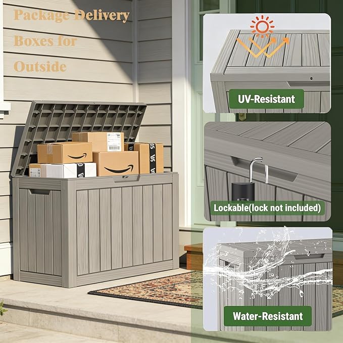Outdoor Storage Box Deck Box, 50 Gallon Waterproof Deck Boxes, Package Delivery Boxes for Outside, Resin, Lockable Patio Storage Bins for Garden Tool, Cushion, Pool, Porch, Weatherproof & UV-Resistant