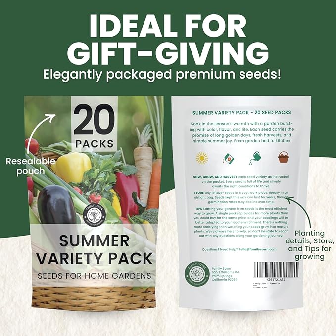 Summer Garden Seeds | 20 Individual Packs | 2026 Season | Non-GMO | Tomatoes, Squash, Melon, Herbs & More! | for Planting Indoor & Outdoor | by Family Sown