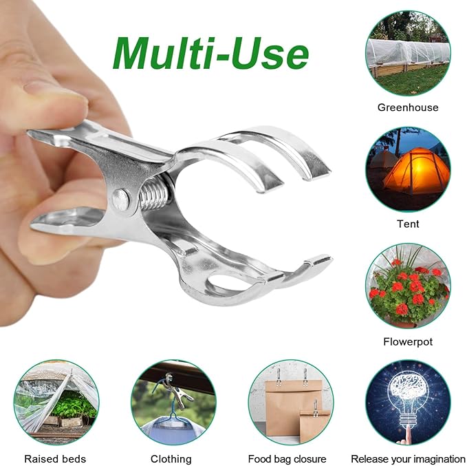 Upgrade Large Garden Clips, Stainless Steel Greenhouse Clamps for 3/4'', 1'', 2'' Pipes, Strong Grip Garden Clamps for Greenhouse Hoop, Heavy Duty Row Cover Clips for Netting, 24PCS