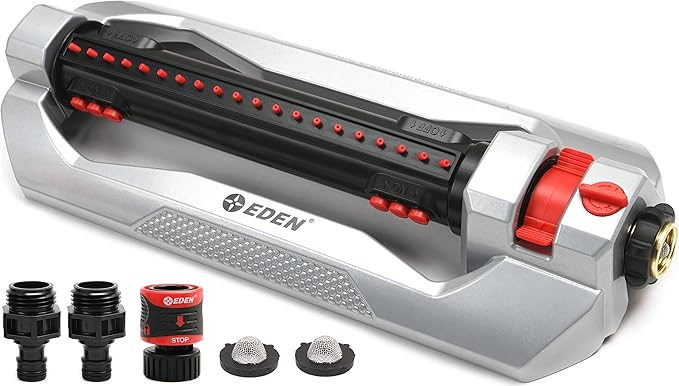 Eden 96216 Heavy Duty Turbo Oscillating Sprinkler, Covers Up to 4,900 sq. ft., 20 Precision Nozzles, Aluminum Base, Flow and Width Control, Adjustable Range, Quick Connects, Filters