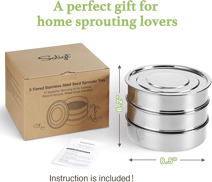 SOLIGT Stackable Stainless Steel Seed Sprouting Kit, 2-Tier Mesh Sprouting Trays, 1 Base and 1 Cover Lid