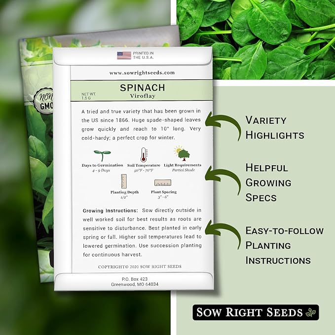 Sow Right Seeds - Viroflay Spinach Seed for Planting - Non-GMO Heirloom Packet with Instructions to Plant a Vegetable Garden - Grow Leafy Green Nutritious Superfood - Hydroponic Growing Friendly (2)
