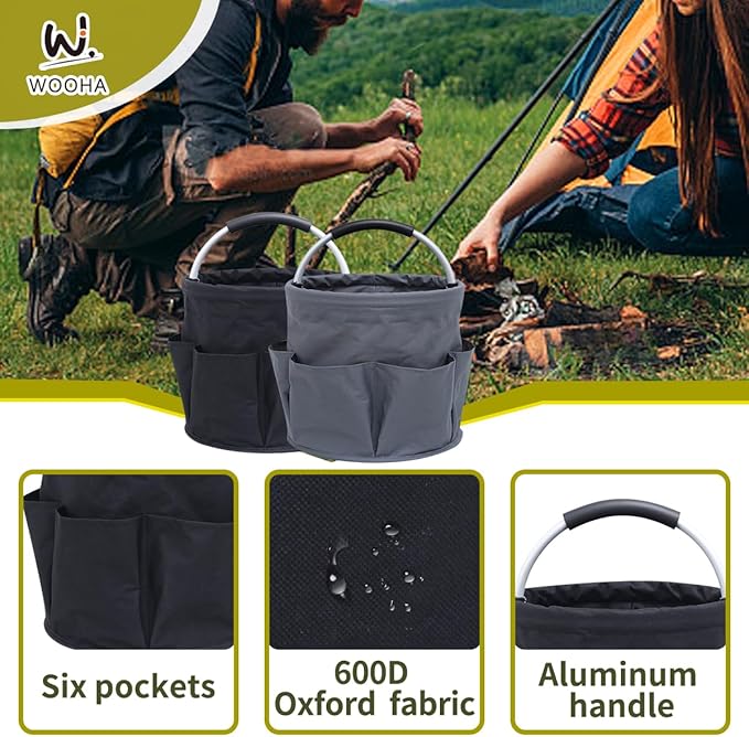 Wooha Tool Organizers Bag 34L Collapsible Tool Bag Laundry Organizer Outdoor Camping Garden Harvest Basket Home Bathroom Storage Bath Wash Bag（Black+Grey）