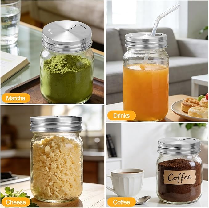 Palksky Mason Jar Spice Shaker Lids Stainless Steel, 8 Pack Regular Mouth Mason Canning Cap for Spices Coriander Seed Garlic/Rosemary Powder, Adjustable Tops Pour Spout Seasoning Shaker Dispenser