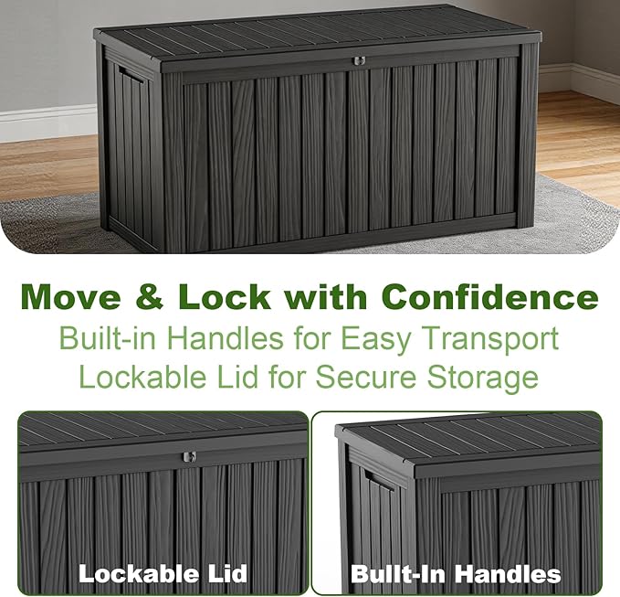 ROJIK 180 Gallon Waterproof Outdoor Deck Storage Box, Lockable Resin Patio Storage Bin with Lid for Garden Tools, Patio Cushions & Outdoor Accessories(Black)