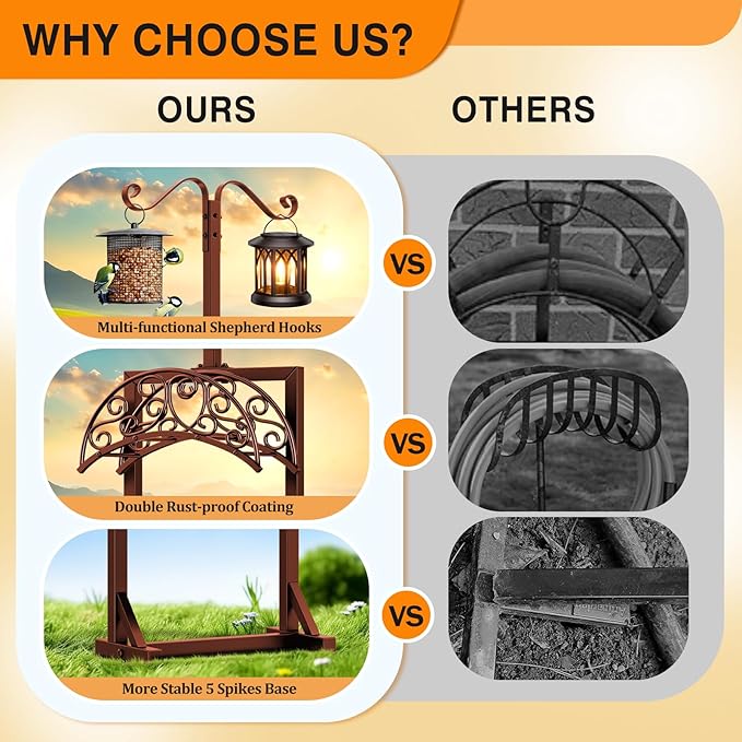 Garden Hose Holder - Upgraded Water Hose Holders for Outside with 5 Spikes & 2 Shepherds Hooks, Freestanding Hose Stand Hose Hanger Hose Storage Hose Reel Rack for Yard Lawn(Brown)