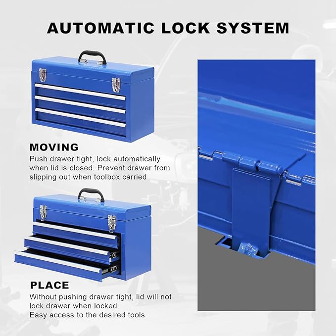 3 Drawer 20“ Metal Tool Box Portable Steel Tool Chest with Metal Latch Closure for Garage, Home and Workbench, Blue
