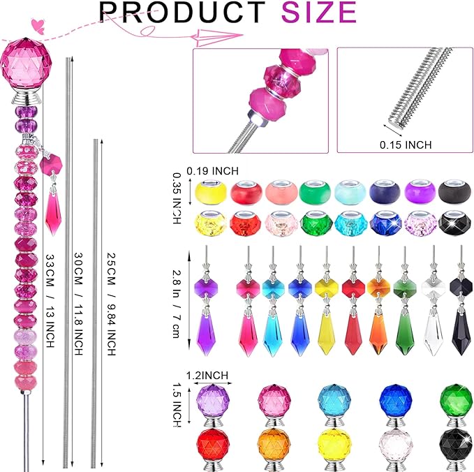 300 Pcs DIY Fairy Wand Beaded Garden Stakes Kit, Fairy Wands Garden Kit Colorful Large Hole Bead with Pendants Crystal Stopper Top Threaded Rod Beaded Garden Stakes Supplies for Outdoor Decorative
