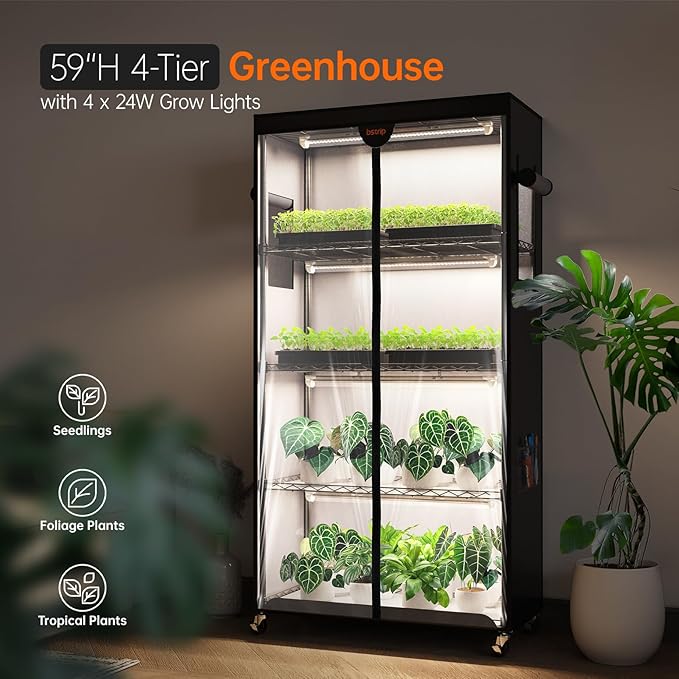 Bstrip Indoor Greenhouse with Grow Light, Plant Stand with 4 Pack 24W Full Spectrum Plant Lights, Plant Shelf with Tent for Indoor Plant, Seed Starting, Seed Tray, 29.5"x13.8"x59"