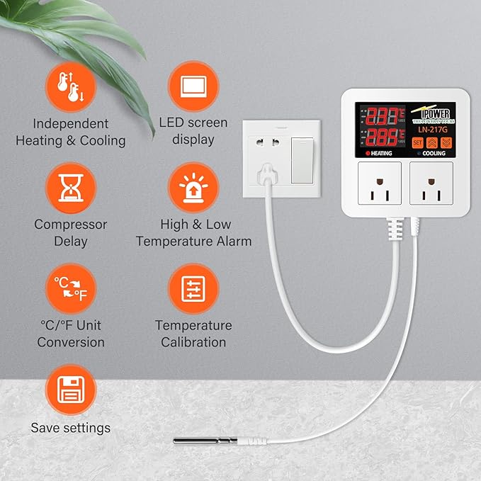 iPower 1200W Digital Thermostat Controller Heating Cooling 2 Stage Outlet for Reptiles Aquarium Homebrew Breeding Fermenter Seed Germination, -58-248°F