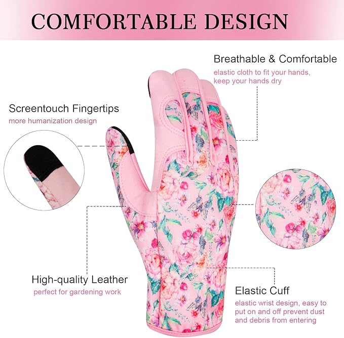 Leather Gardening Gloves for Women Thorn Proof Garden Gloves Touch Screen Working Gloves Gifts,M
