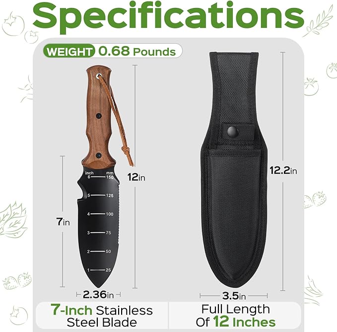 Hori Hori Garden Knife, Garden Tools Trowel with EDC Sheath, Gardening Tools for Weeding Digging Planting with 7" Stainless Steel Blade,Dual-Scale Measurement,Hanging Hole, Gifts for Women Mom Men Dad