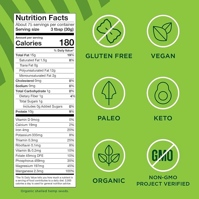 Manitoba Harvest Organic Hemp Seeds, 5 lb, 10g Plant Based Protein and 12g Omega 3 & 6 per Srv, smoothies, yogurt & salad, Non-GMO, Vegan, Keto, Paleo, Gluten Free
