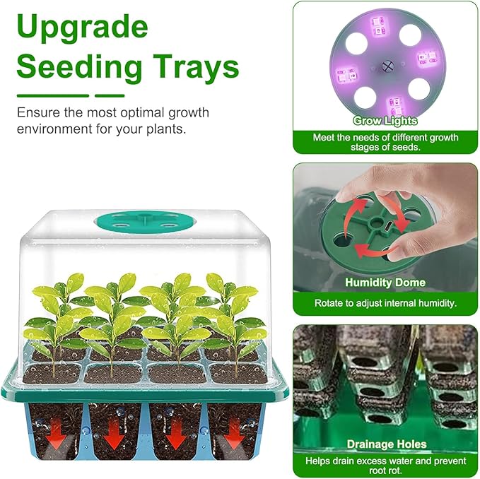 5 Packs Seed Starter Tray with Grow Light,Plant Starter Tray Seedling Starter Kit with Humidity Domes 5-Level Brightness 4 Timers for Indoor Greenhouse