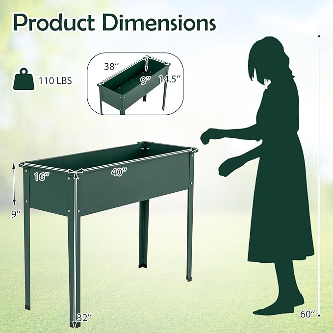 Giantex Metal Raised Garden Bed with Legs, 40”x16”x32” Elevated Planter Box with Drainage Holes for Vegetable Fruit Flower Herb, Outdoor Standing Gardening Box for Balcony Backyard Patio Porch, Green