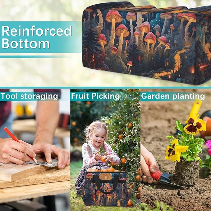 Garden Tool Bag Organizer Garden Tote Bag with Pockets Autumn Mushrooms Tool Storage Organizer Gardening Tool Kit Holder 13" x 6.8" x 2.8"