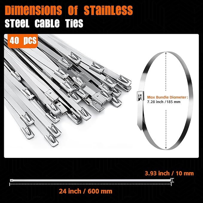 24 Inch Metal Cable Zip Ties, Stainless Steel Zip Ties Long,500 Lbs Heavy Duty Self-Locking Strap Ties, Steel Cable Tie, 40 PCS Strength for Exhaust Wrap, Garden Ties, UV Resistant Cable Ties