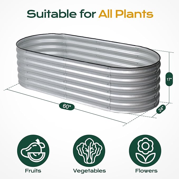 Aoodor 5 x 2 x 1.5 ft Oval Galvanized Raised Garden Bed Kit, 4-in-1 Large Metal Outdoor Planter Box for Vegetables, Flowers, and Herbs, 17" Tall, Silver