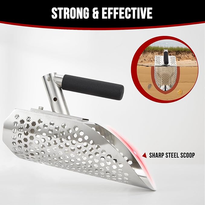 Sand Scoops for Metal Detecting, Stainless Steel Metal Detector Scoop with Digging Tool, Sand Sifter Shovel, Metal Detector Accessories, Heavy Duty Metal Detecting Shovel, Sand Flea Rake for Beach
