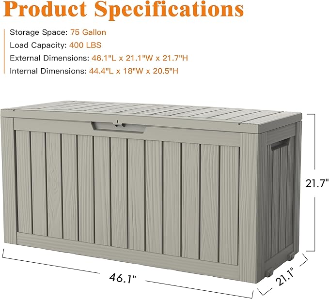 75 Gallon Outdoor Storage Box, Waterproof Deck Box with Handles and Lockable Lid, Resin Patio Storage Box with Hydraulic Rods for Garden Tools, Cushions, Grey