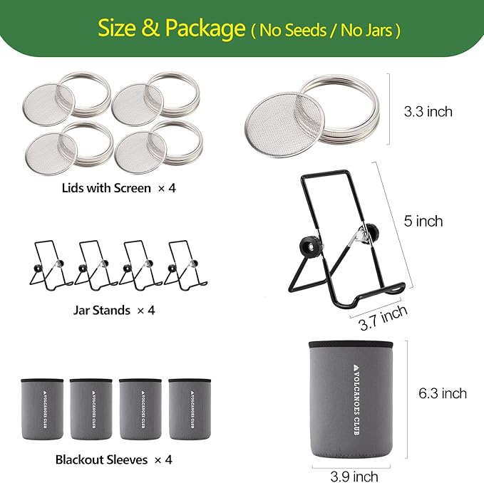Seed Sprouting Jar Germination Kit Accessories - Blackout Sleeves/Jar Stands/Sprout Lids for Wide Mouth Mason Jar - for Growing Alfalfa, Broccoli, Bean Sprouts, Microgreens (4 Pack)