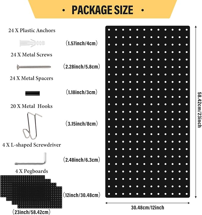 DEWEL Peg Board, 23" x 12" Metal Pegboard Wall Organizer Kit, 4 Pack Pegboard Panels with 20 Hooks,Black Pegboard Tool Wall Organizer System for Garage and Garden(4pcs black