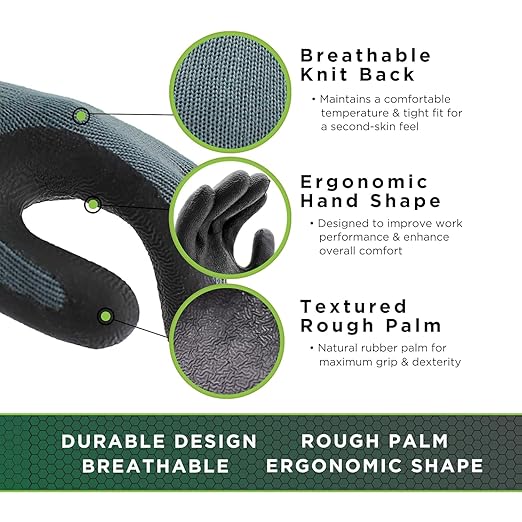 SHOWA Atlas 300B Original 1994 Crinkle Grip Work Gloves, Natural Latex Palm, Heavy Duty 10-Gauge for Construction, Landscaping, Gardening, & Masonry, Black, X-Large, Vending Pack, 12-Pair