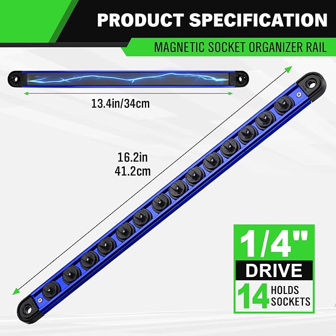 1/4-inch Magnetic Socket Organizer Rail, Aluminum Alloy Socket Rail, Heavy Duty Sockets Holder with 14 Clips, 360° Swivel Clip Tool Tray, Sockets Organizer for Tool Box Drawer (Blue)