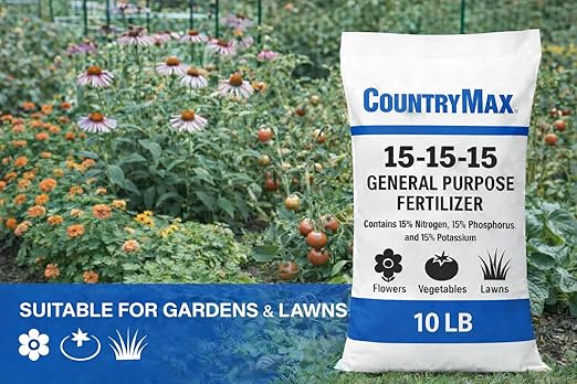 CountryMax 15-15-15 All Purpose Fertilizer, 10 lb Bag, Balanced Nutrition for Flowers & Vegetable Beds, Raised Gardens, Lawns & Grass, Supports Soil Health and Consistent Growth