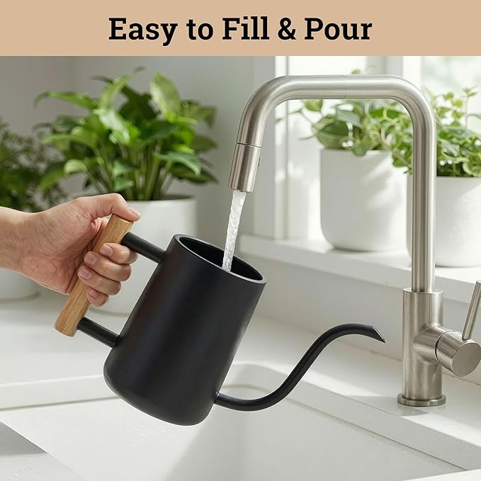 35 Ounce Metal Small Indoor Watering Can with Long Spout & Real Wood Handle for House Plants, Succulents, Cacti & Seedlings - Black Long Spout Watering Can Indoor Plants - Gentle Flow & No Spills