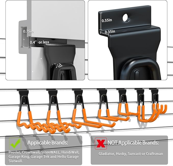 3-H Slatwall Hooks 14 Pack Heavy Duty Multi Sizes, Slatwall Accessories & Hangers Compatible with Proslat Handiwall Crownwall StoreWALL, Garage Slat Wall Hooks for Tools & Daily Items(Orange)