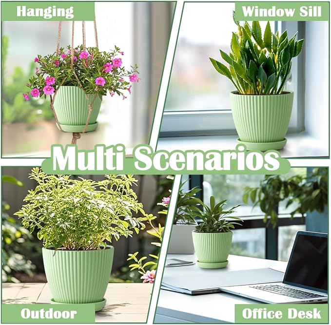 RooTrimmer 7.5/6.5/5.5/4.9/4.2/3.5 Inch Plant Pots with Saucers & Drain Holes - Indoor/Outdoor Flower Pots for Succulents, Herbs, Cactus - Modern Lightweight Durable Planter Set, Green