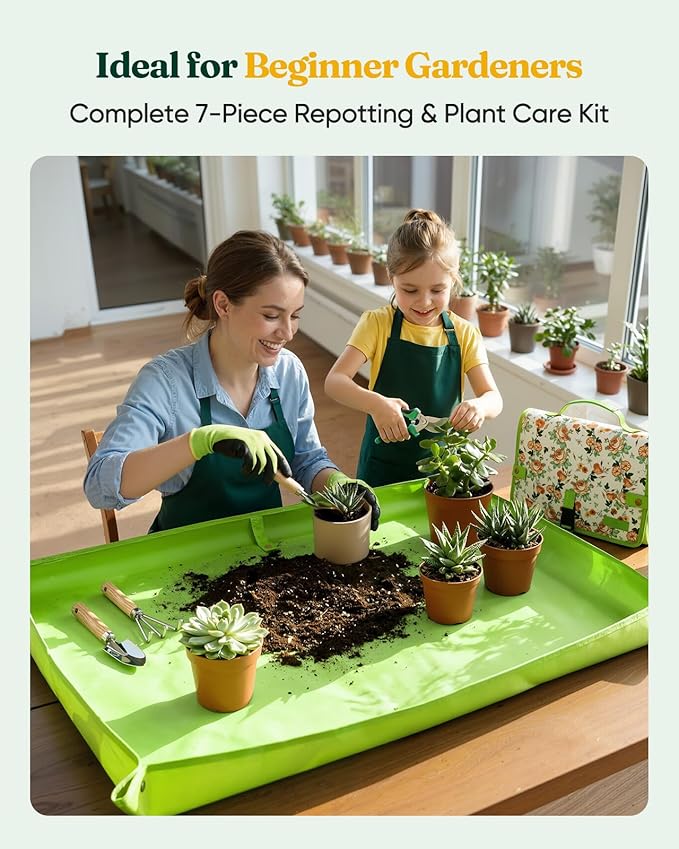 Genebo 7-Piece Gardening Tools Set, Gift for Women, Beginners, Tools Kit with Plant Repotting Mat & Tool Bag, Stainless Steel Gardening Hand Tools for Indoor Transplanting, Succulent Bonsai Plants