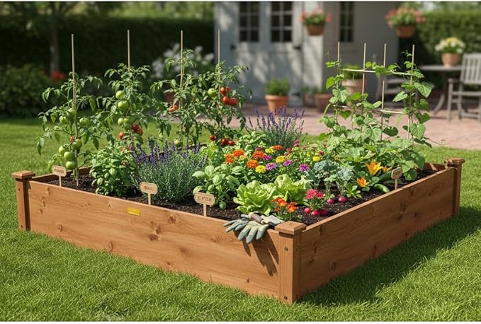 Hollyone 48" X 48" inches Wood Raised Garden Bed Frame Planters Wooden Elevated Planting Planter Box for Outdoor Herb Vegetables Flowers Grass Lawn Yard Patio - Brown 4×4ft