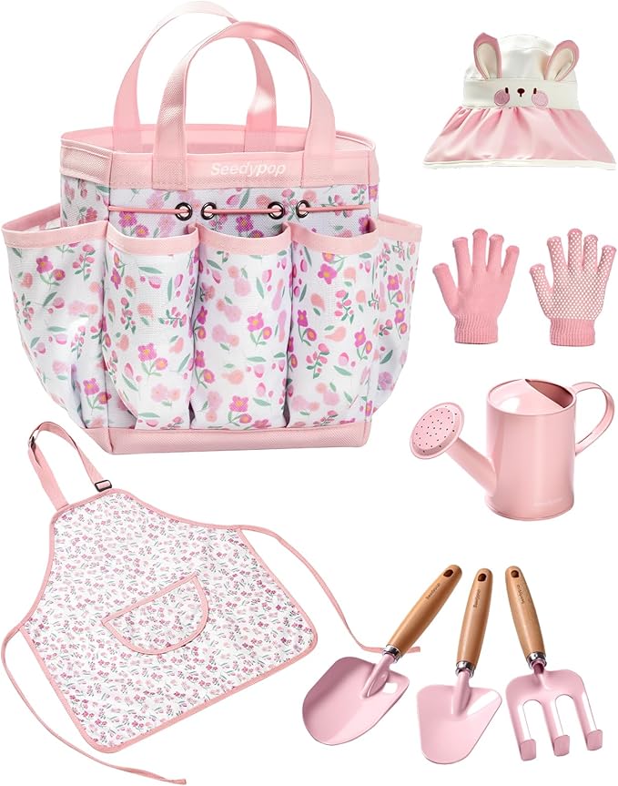 Kids Gardening Tool Set Toys - 8 Pieces Quality Garden Kit for Toddlers & Kids with Shovels, Rake, Watering Can, Hat, Apron, Gloves & Storage Bag (Pink Flower)