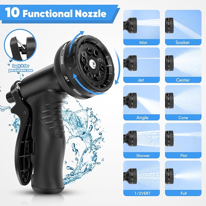 Garden Hose 50FT - Stainless Steel Water Hose with 10 Function Nozzles, No Kinks, Flexible & Lightweight, Pressure Proof, Puncture Proof, Heavy Duty Water Hose for Yard and Outdoor