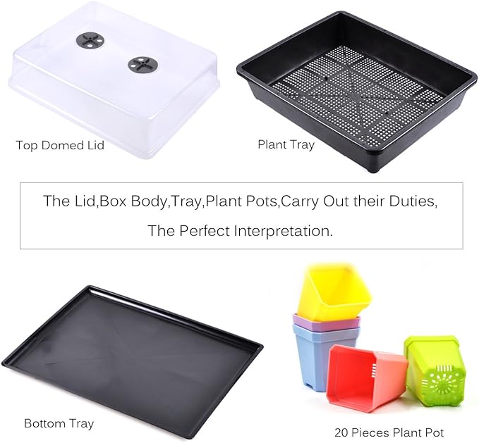 eZAKKA Seedling Starter Trays, 15x12 inches Seed Plant Grow Starting Germination Kit Greenhouse Humidity Domed Propagator Trays with 20 Pieces Square Seed Starter Pots for Seedling, Flower, Garden
