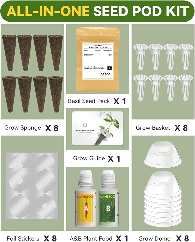 Lyko Basil Seed Pod Kit for AeroGarden, iDoo, Ahopegarden, GARDENCUBE, 7 Pods with Genovese Basil, Mint, Marigold, Borage, Dandelion, Liquorice, Hydroponics Growing System Kits for Indoor Garden