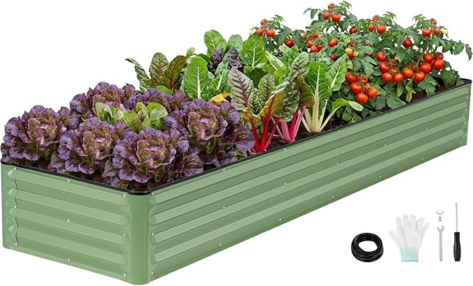 INNO STAGE Galvanized Raised Garden Bed Kits, 8x2x1ft Metal Raised Garden Beds Outdoor, Large Steel Raised Planter Bed with Gloves for Vegetables & Flowers Patio Ground Planter Box (Olive Green, 1PC)