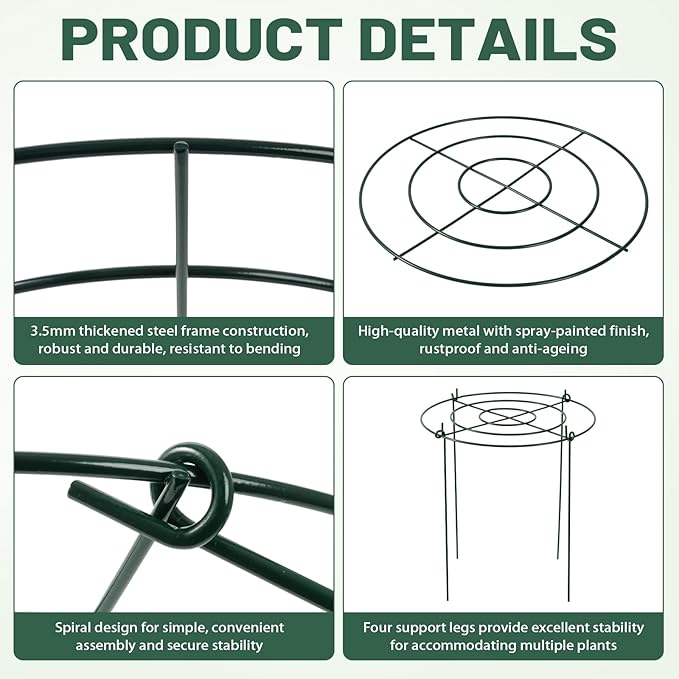 8 Pack Heavy Duty Metal Peony Cage and Supports, 4 Legs Plant Support Ring for Outdoor Plants Rose Sage Peonies Cucumbers Tomato Strawberry(11.8" Dx16 H)