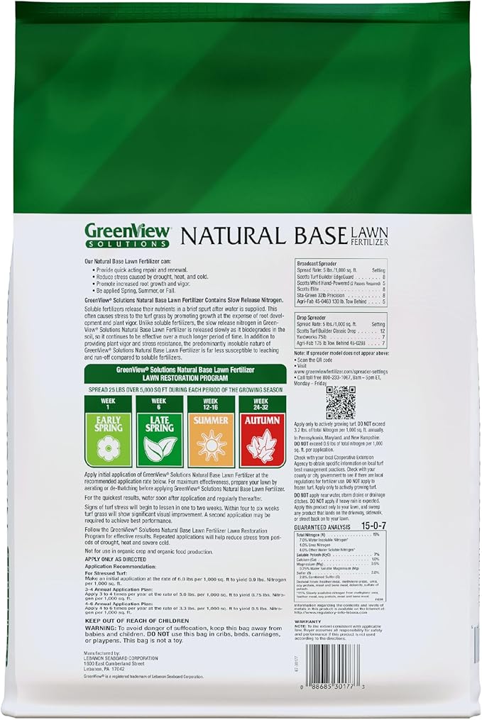 GreenView Solutions Natural Base Lawn Fertilizer – Rich in Natural & Organic nutrients This Slow-Release Fertilizer Provides Fast-Acting Repair and Renewal, 25 lb. - Covers 5,000 sq. ft.
