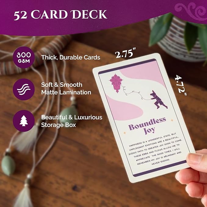 Wooden Zen Garden with Daily Affirmation Cards for Women and Men | White Sand with Rake & Amethyst Wand | Affirmations for Mindfulness, Meditation, and Inspiration | Beautiful 52 Card Deck