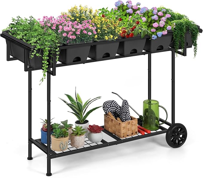 Vrisa Elevated Garden Bed with Shelf 43x17x29 in Outdoor Raised Planter Box with Legs and Wheels Vegetables Herbs Flowers Garden Box with Drain Outlet for Backyard, Patio, Balcony, Grey