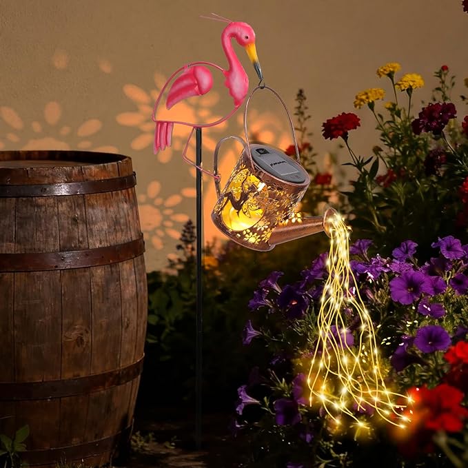 LOVERUIS Garden Statues with Solar Watering Can Lights, Cute Outdoor Garden Decor for Patio Yard Lawn Ornaments, Unique Gift for Women Mom Grandma (Flamingo)