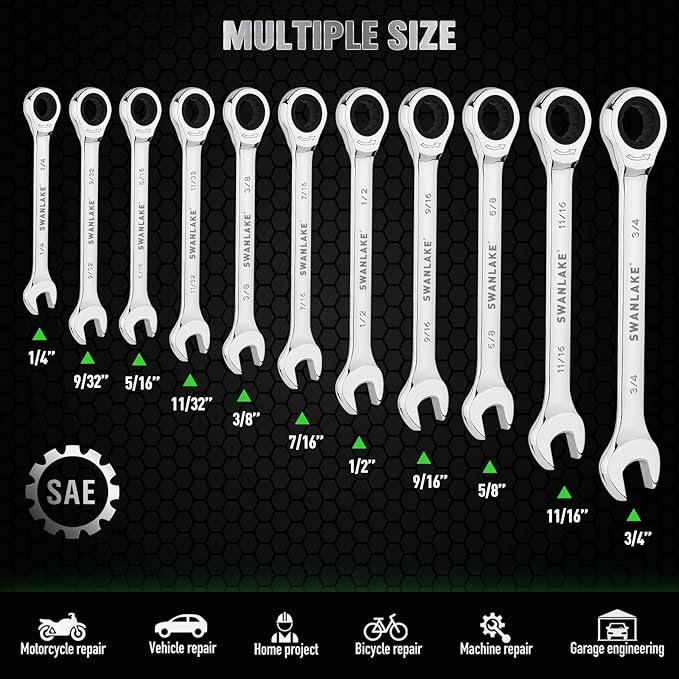12-Piece Ratcheting Wrench Set, SAE 1/4 - 3/4 inch Ratchet Combination Wrenches Set, 12-Point 72-Tooth Ratchet Spanners with Magnetic Base Organizer, Chrome Vanadium Steel for Automotive Mechanic Tool