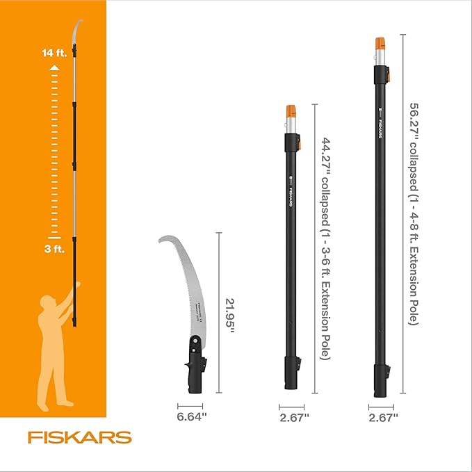 Fiskars XtendControl 14' Tree Pruner with 15" X2 Hook Bill Saw, Two Extension Poles (3-6 Ft and 4-8 Ft), Triple-Grind Blade for Fast Cutting, Lightweight Aluminum Pole Saw, Orange